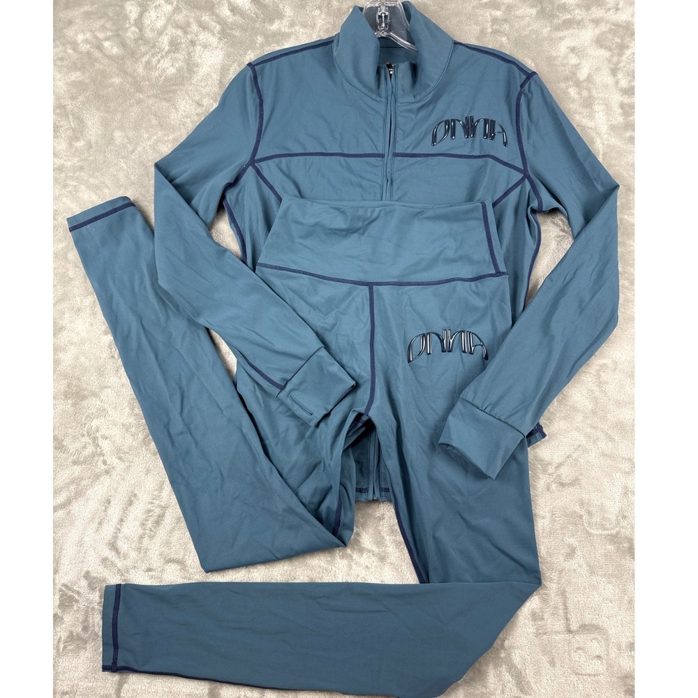 ONNA Womens Activewear Set Slate Blue Quarter Zip Top Leggings Small 3D Logo